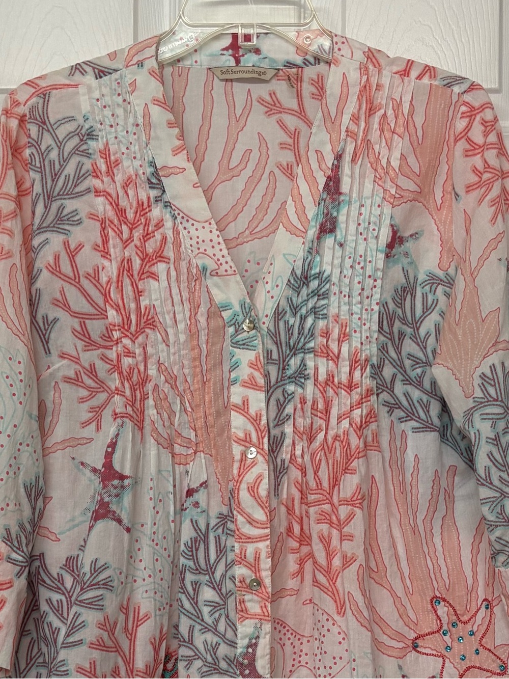 Soft Surroundings Coral Reef Embroidered Beaded Cotton Flowy Tunic Top Sz M - Picture 2 of 6